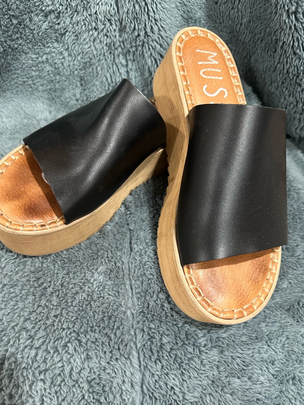 Pre-Musse &Cloud Black Leather Slide Platform Mules with Wood-Effect Sole Size 9